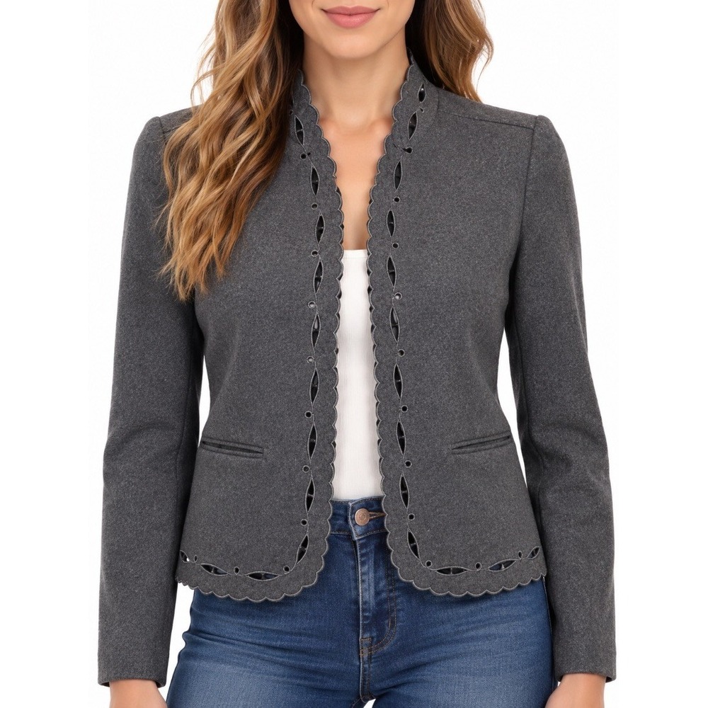 Sasson Womens Blazer Jacket Gray Wool Blend Laser Cut Scallop Trim Size 8